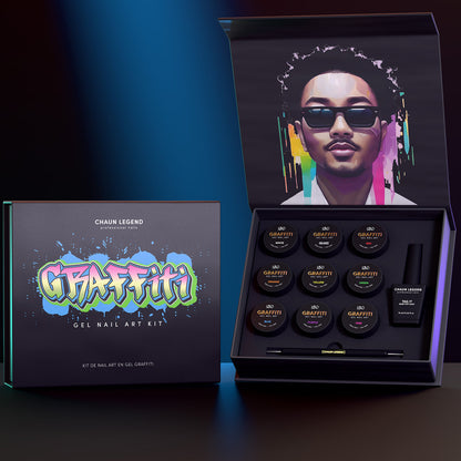 Chaun Legend Graffiti Collection kit. Professional gel polish, 15 ml (0.5 fl oz), features Graffiti Pod White
Graffiti Pod Black
Graffiti Pod Red
Graffiti Pod Orange
Graffiti Pod Yellow
Graffiti Pod Green
Graffiti Pod Blue
Graffiti Pod Purple
Graffiti Pod Pink
Graffiti Tag It Gel
Dual-Ended Scratch Tool
