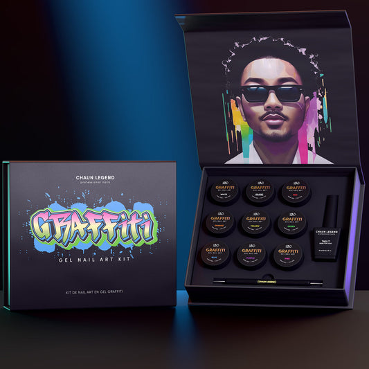 Chaun Legend Graffiti Collection kit. Professional gel polish, 15 ml (0.5 fl oz), features Graffiti Pod White
Graffiti Pod Black
Graffiti Pod Red
Graffiti Pod Orange
Graffiti Pod Yellow
Graffiti Pod Green
Graffiti Pod Blue
Graffiti Pod Purple
Graffiti Pod Pink
Graffiti Tag It Gel
Dual-Ended Scratch Tool