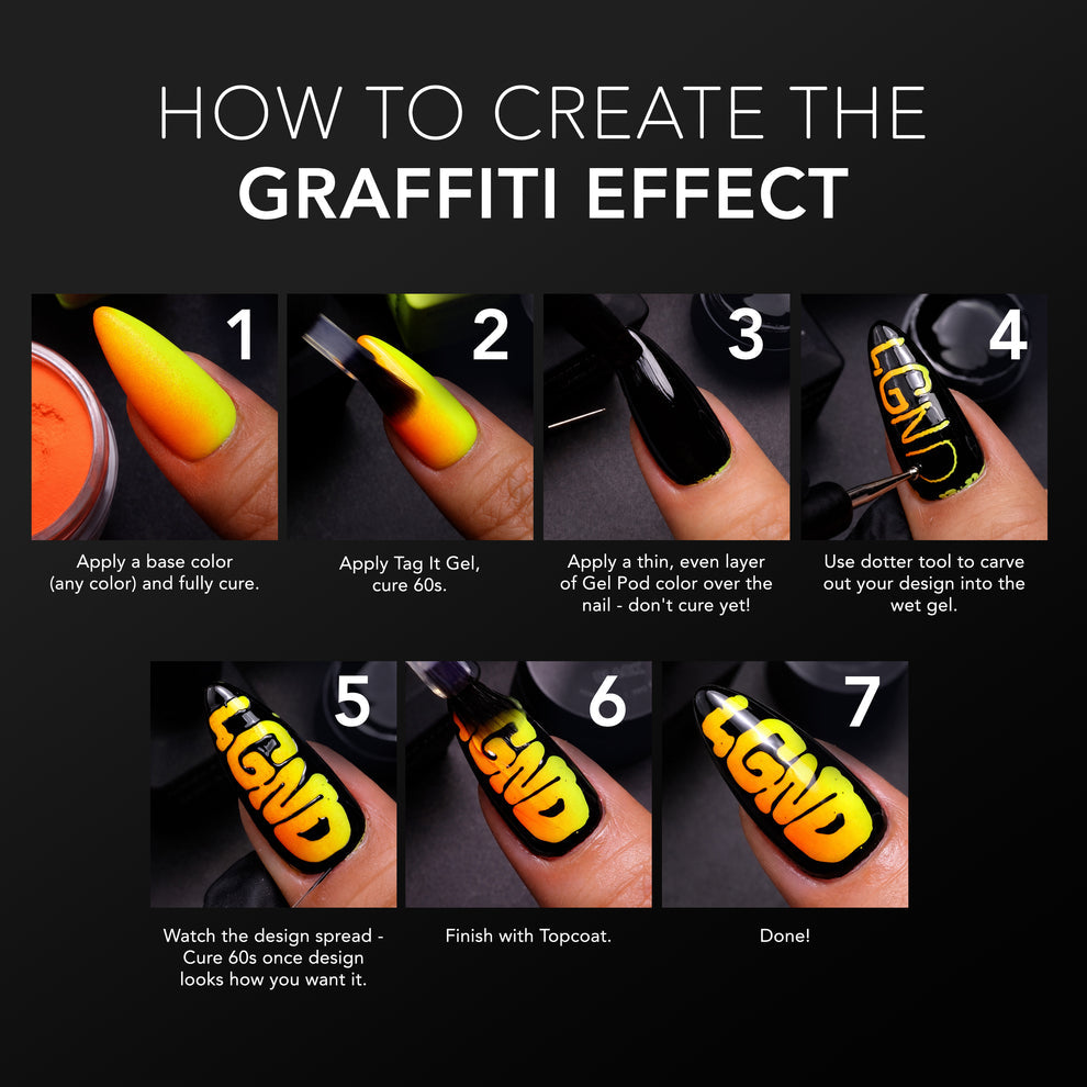 Chaun Legend Graffiti Collection kit. Professional gel polish, 15 ml (0.5 fl oz), features Graffiti Pod White
Graffiti Pod Black
Graffiti Pod Red
Graffiti Pod Orange
Graffiti Pod Yellow
Graffiti Pod Green
Graffiti Pod Blue
Graffiti Pod Purple
Graffiti Pod Pink
Graffiti Tag It Gel
Dual-Ended Scratch Tool