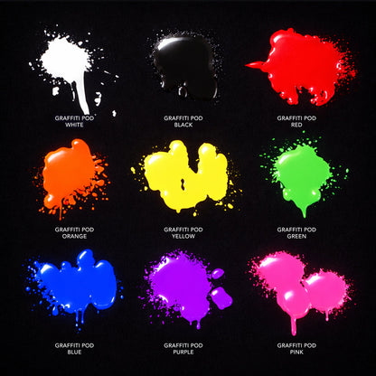 Chaun Legend Graffiti Collection kit. Professional gel polish, 15 ml (0.5 fl oz), features Graffiti Pod White
Graffiti Pod Black
Graffiti Pod Red
Graffiti Pod Orange
Graffiti Pod Yellow
Graffiti Pod Green
Graffiti Pod Blue
Graffiti Pod Purple
Graffiti Pod Pink
Graffiti Tag It Gel
Dual-Ended Scratch Tool