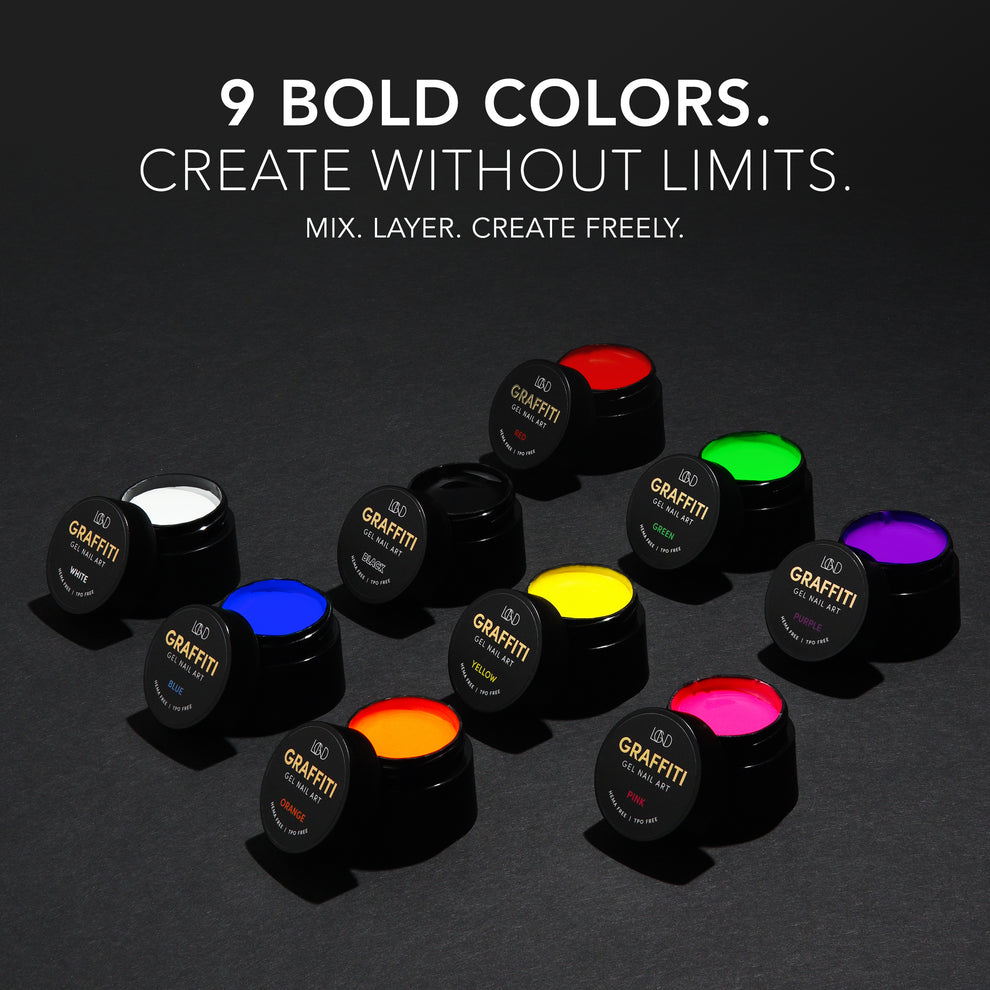 Chaun Legend Graffiti Collection kit. Professional gel polish, 15 ml (0.5 fl oz), features Graffiti Pod White
Graffiti Pod Black
Graffiti Pod Red
Graffiti Pod Orange
Graffiti Pod Yellow
Graffiti Pod Green
Graffiti Pod Blue
Graffiti Pod Purple
Graffiti Pod Pink
Graffiti Tag It Gel
Dual-Ended Scratch Tool