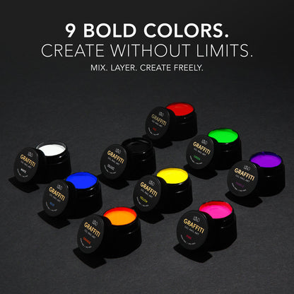 Chaun Legend Graffiti Collection kit. Professional gel polish, 15 ml (0.5 fl oz), features Graffiti Pod White
Graffiti Pod Black
Graffiti Pod Red
Graffiti Pod Orange
Graffiti Pod Yellow
Graffiti Pod Green
Graffiti Pod Blue
Graffiti Pod Purple
Graffiti Pod Pink
Graffiti Tag It Gel
Dual-Ended Scratch Tool