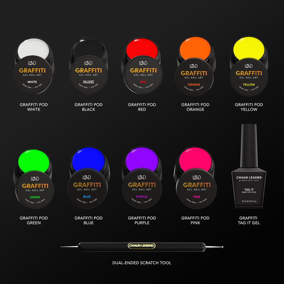 Chaun Legend Graffiti Collection kit. Professional gel polish, 15 ml (0.5 fl oz), features Graffiti Pod White
Graffiti Pod Black
Graffiti Pod Red
Graffiti Pod Orange
Graffiti Pod Yellow
Graffiti Pod Green
Graffiti Pod Blue
Graffiti Pod Purple
Graffiti Pod Pink
Graffiti Tag It Gel
Dual-Ended Scratch Tool